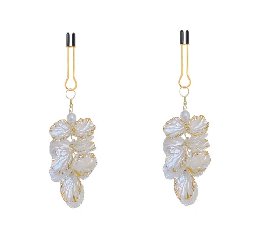 A pair of gold-tone non-piercing clips with cascading iridescent petal charms